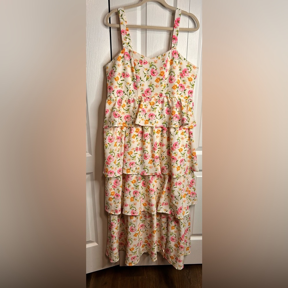 Arula Women’s White With Pink Flowers Floral Tiered Smocked Maxi Dress Size XL - Picture 2 of 7